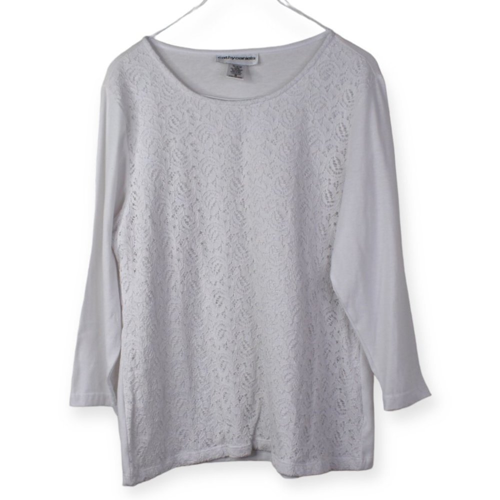 Cathy Daniels Shirt M Womens White Textured 3/4 Sleeve Crew Neck Cotton Blend